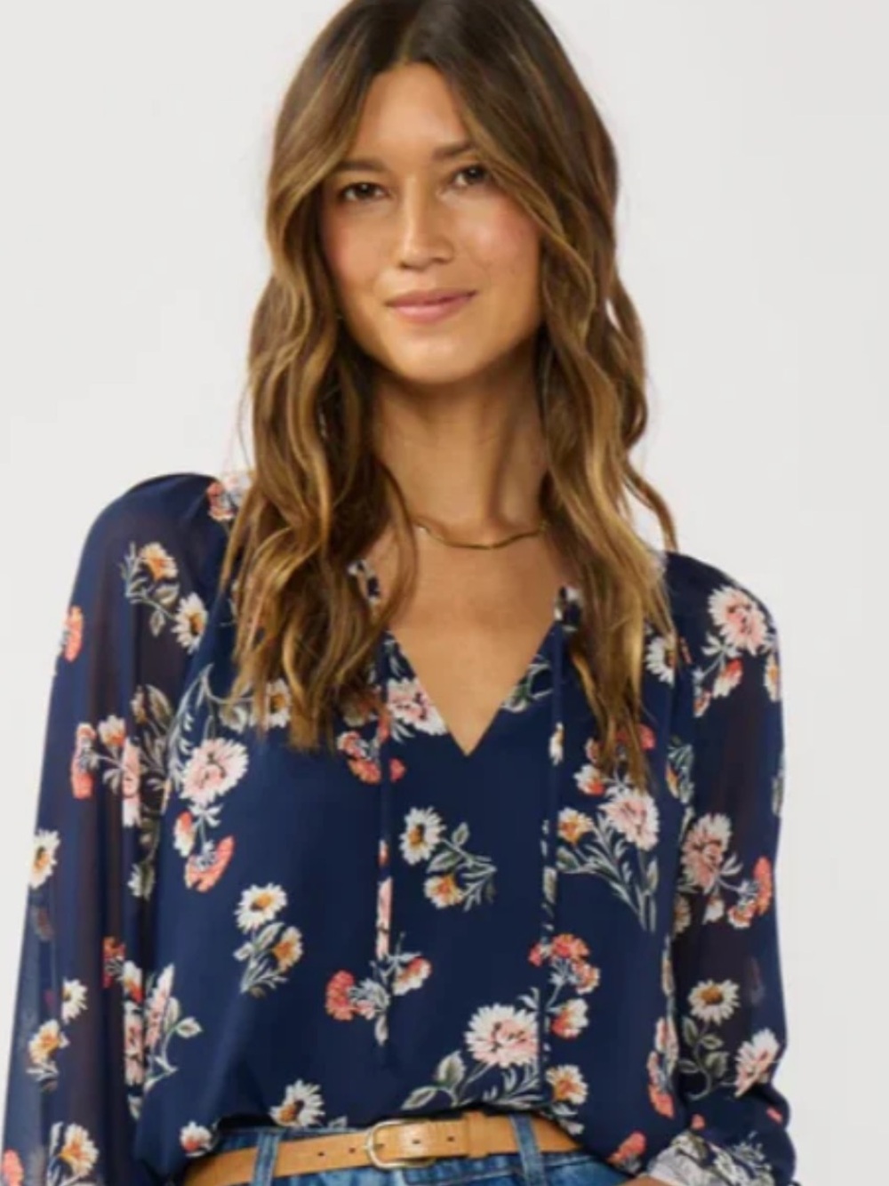 Lovestitch Boho Navy Floral Tassel Tie Blouseo